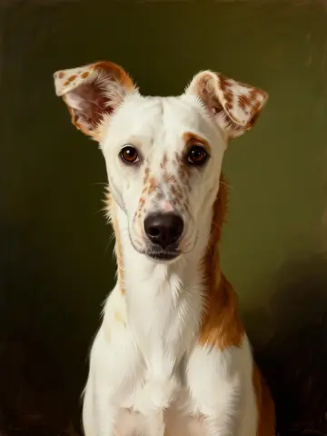 A white dog with freckled ears in a dark green oil painting