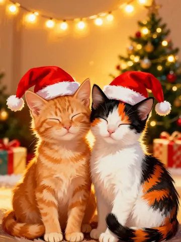 Two kittens in Santa hats by a Christmas tree