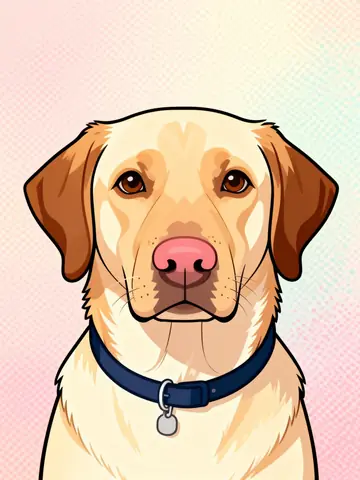 A yellow Labrador with a blue collar in a clean illustration