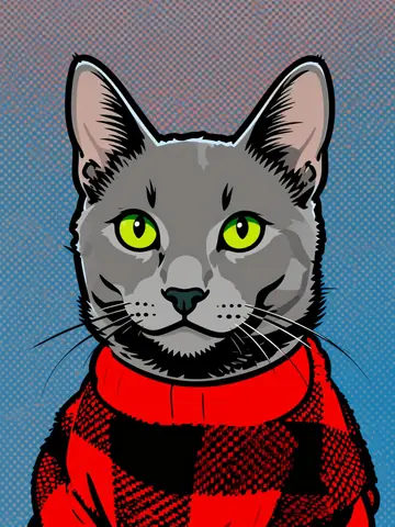 A gray cat in a red plaid sweater in bold pop art