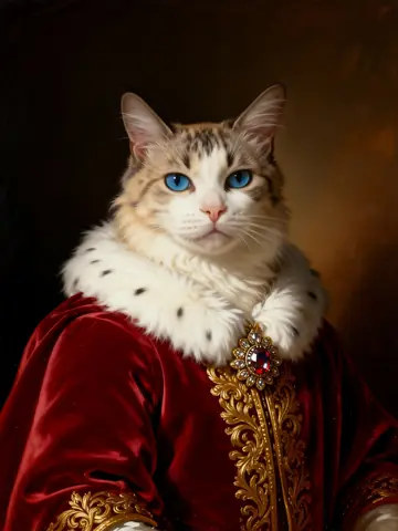 A long-haired cat painted in a red velvet robe with an ermine collar