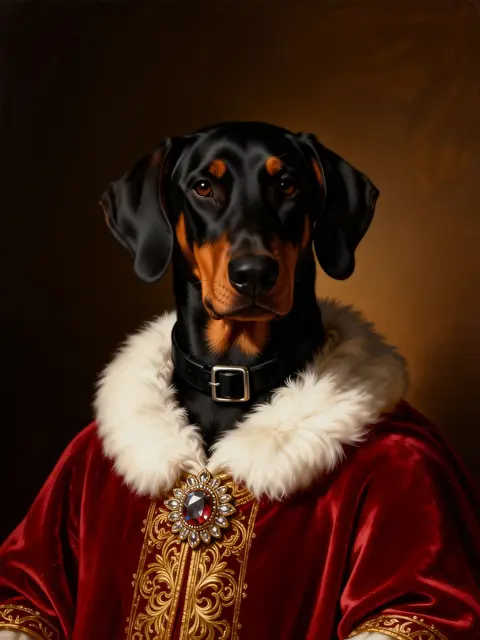 The same Doberman painted as a royal portrait in a red velvet robe
