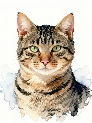 A tabby cat in loose watercolor on white paper